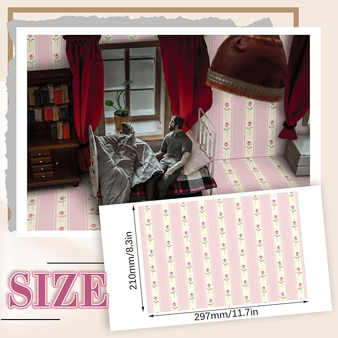 Flutesan 12 Pcs Miniature Dollhouse Wallpaper and Flooring Peel and Stick Mini DIY Self Adhesive Dollhouse Accessories 8.27 x 11.69 Inch (Pink Flower)