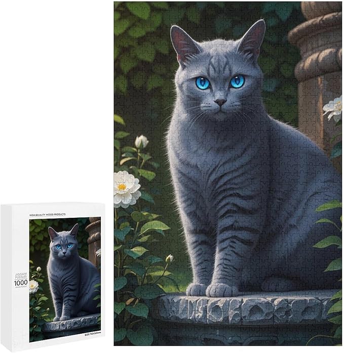 Jigsaw Puzzles for Adults 1000 Piece - Cute Russian Blue Cat Animal Themed Wooden Puzzle,Challenge Puzzles Puzzle Games,Stress Relief Games,Funny Puzzles，Unique Gifts for Wall Art