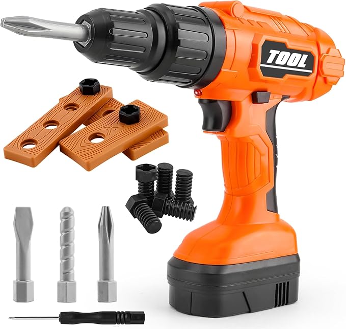 PANPAPA Kids Power Drill and Screw Set,Toy Electric Drill with 3 Interchangeable Drill Bits Sound and Motion,Pretend Play Construction Kids Tool Set Outdoor Preschool Gardening Lawn Toy Gifts（Orange）