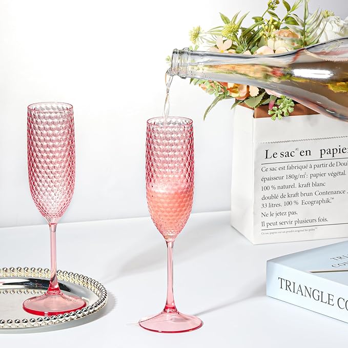 Plastic Champagne Flutes Champagne Glasses Unbreakable Wedding Toasting Glasses Reusable Diamond Wine Glasses Crystal Clear Party Wine Cups Vintage Drinking Glasses 5.5 OZ for Wedding (12, Pink)