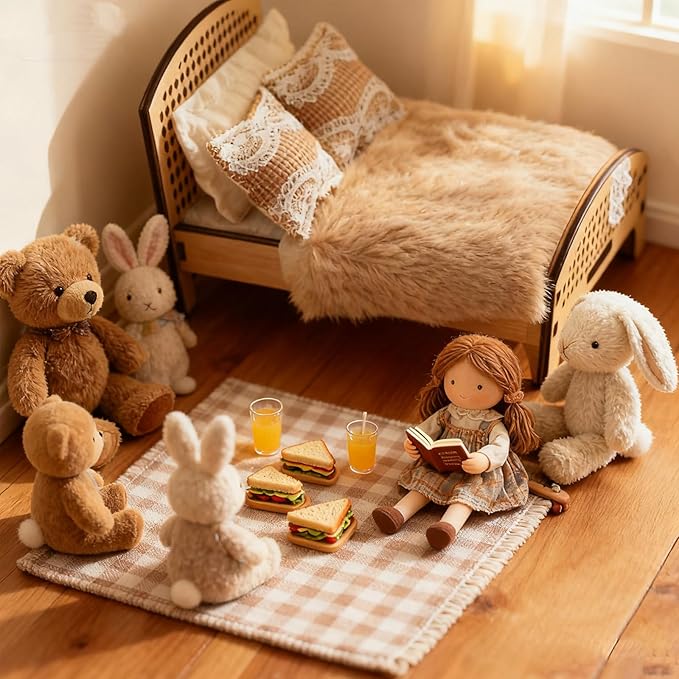 1:12 Scale Miniature Double Bed Unpainted Wood Furniture Model Craft Accessory Customizable Finish Bedroom Decoration for Pretend Play and Scene
