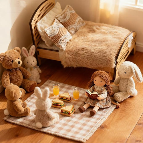 1:12 Scale Miniature Double Bed Unpainted Wood Furniture Model Craft Accessory Customizable Finish Bedroom Decoration for Pretend Play and Scene