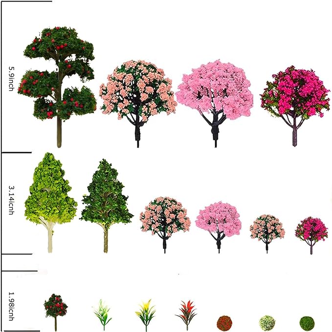 QuarenDen Mixed Model Trees, Model Train Scenery, 37Pcs, Miniature Trees with Moss for Building Model, Natural Green Landscape, Railroad Scenery