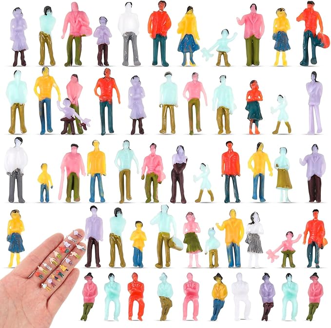 Namalu 50 Pcs Mini People Figurines 1: 150 Scale Architectural Painted Tiny Model Sitting and Standing Plastic People Assorted Poses Model Trains for Miniature Scenes