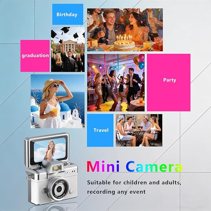 Pyxfeiiu Mini Keychain Camera,1080p Video Mini Digital Camera,Retro Flip Screen Small Bodycam,with Adapter and 32GB Card (Expandable to 128GB),USB Charging Long Battery Life for Kid,Travel,Vlog