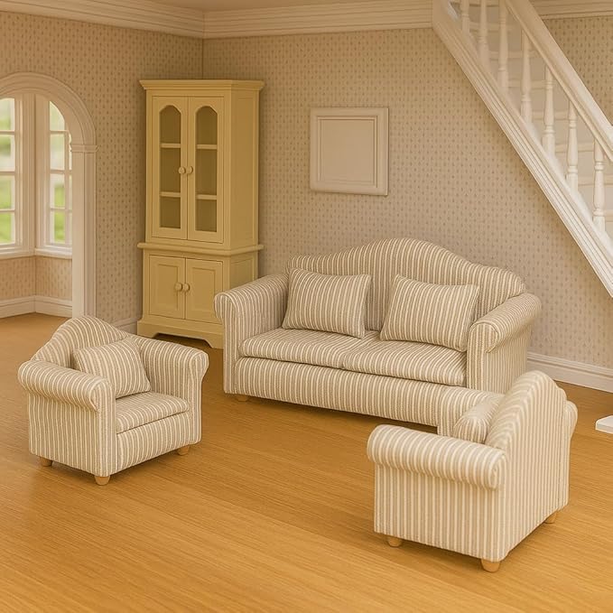 3PCS Dollhouse Couch – 1/12 Scale Miniature Double & Single Sofa with Pillow Upholstered Armchair Set, Doll House Living Room Mini Furniture Accessories Timeless Classic for Bedroom Sectional Décor