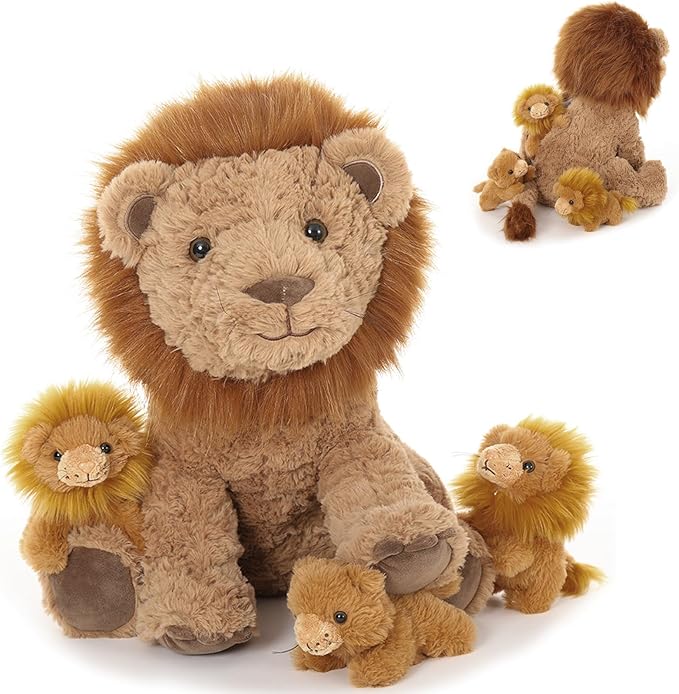 4Pcs Lion Plush Toy, 17.7" Mother Lion Stuffed Animal with 3 Cute Baby Lions, Wild Animal Stuffed Toy for Kids Boys Girls, Safari Animal Plushies Gift for Christmas Birthday Baby Shower
