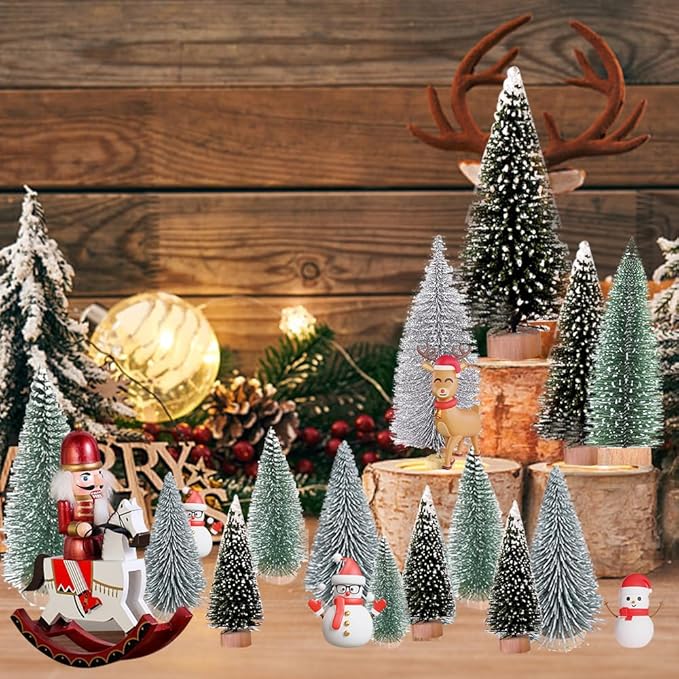 Yahpetes Christmas Tree 30 Pcs Artificial Christmas Trees Bottle Brush Trees with 5 Sizes, Sisal Snow Trees with Wooden Base for Christmas Crafting and Designing(Silver,Green,Dark Green, 30Pcs)