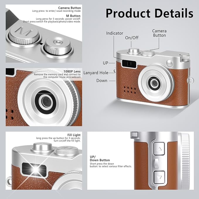 Mini Keychain Camera, FHD 1080p Mini Digital Camera with 32GB SD Card, 0.96" HD Display, 100 Mins Battery Life for Travel Recording Birthday Gifts (Vintage, Brown)