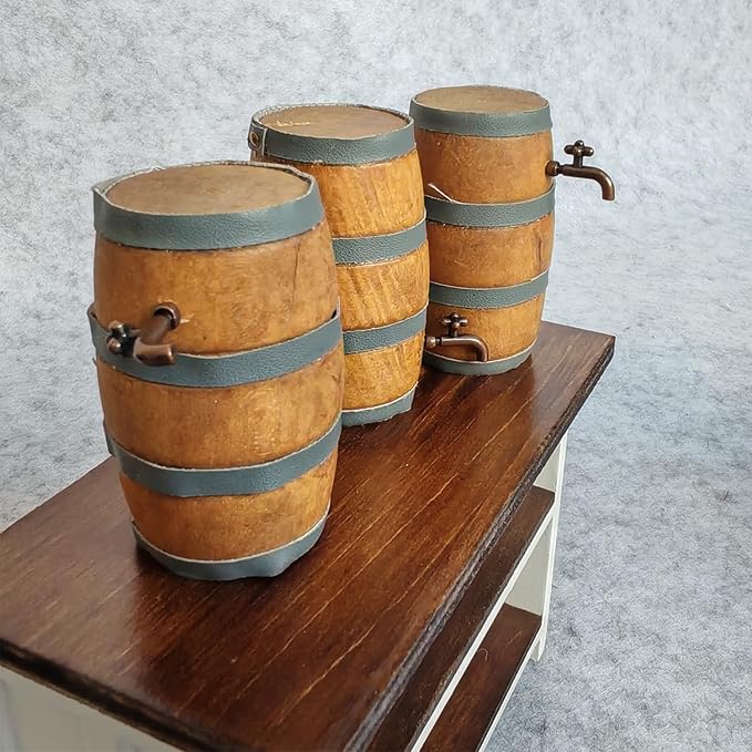 3 Pieces of Dollhouse 1/12 Scale Miniature Beer Barrels Wine Whiskey Casks Rustic Garden Farmhouse Decor