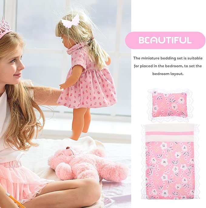 Dollhouse Bedding Accessory Set - Minituare Bed Sheet & Pillow Set Realistic Dollhouse Bedroom Decoration Pink Mini Flower Lace Blanket for Fairy Garde Micro Scene, 6.68X4.72 Blanket