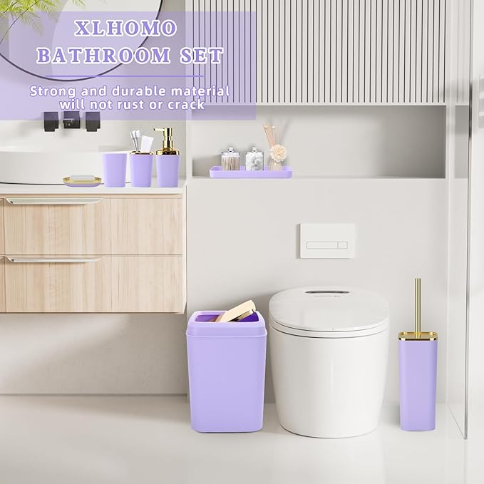 XLHOMO Purple Bathroom Accessories Set, Purple and Gold Bathroom Accessories with Trash Can, Soap Dispenser, Soap Dish, Toothbrush Holder and Q-tip Holders