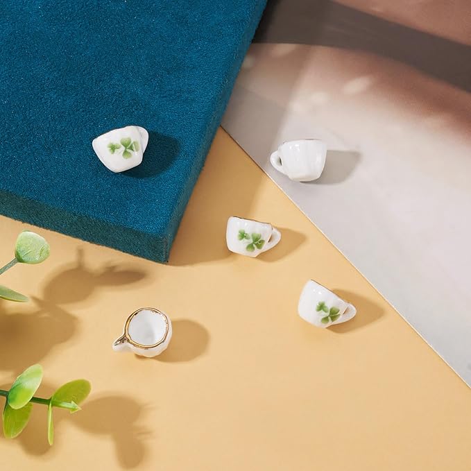 5Pcs Lucky Clover Mini Porcelain Tea Cup Decorations 3D Ceramic Tea Set Miniature Model Ornaments Dollhouse Micro Landscape Decoration Flower Garden Home Decor St. Patrick's Day 16x12x10mm
