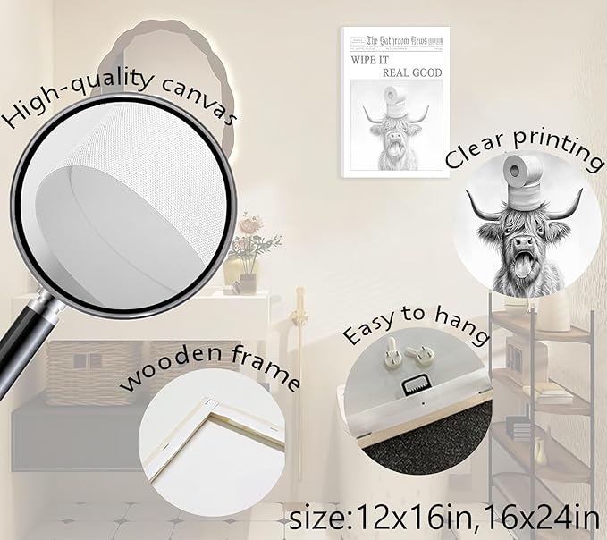 VPUQWGKE Black White Highland Cow Bathroom Canvas Wall Art Funny Highland Cow Toilet Paper On Head Picture Painting Bathroom Animals Print Wall Decor Farmhouse Decoration 12x16in Can Be Hung Directly