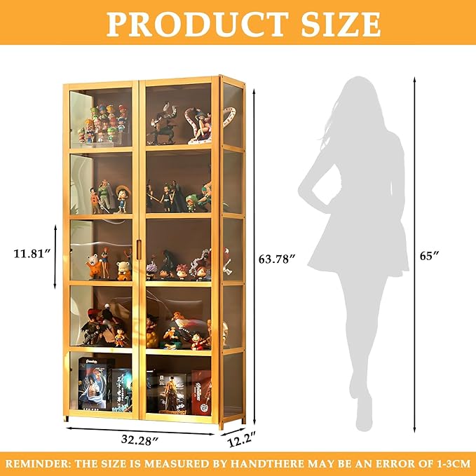 Display Cabinet with Acrylic Glass Doors, 5-Tier Bamboo Curio Display Case for Figures - Display Shelves for Collectibles & Toy Display Cabinet for Home, Office, Playroom, Living Room