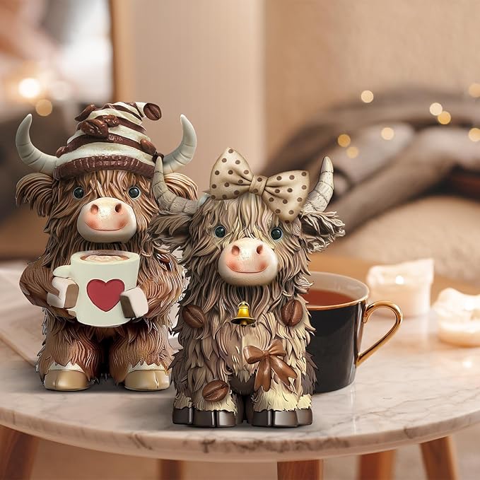 Burbell 2 Pack Highland Cow Resin Figurine Decor Coffee Theme Highland Cow Gnomes Starfish Resin Statue for Garden Table Shelf Kitchen Home Coffee Bar Decor Calf Gnome Herd Gifts