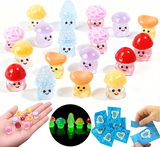 50PCS Glow-in-The-Dark Mushroom Blind Bags, Cute Mini Mushroom Figurines Dollhouse Accessories, Realistic Mini Miniatures, Fairy Garden Decorations for Kids Party Favors, DIY Crafts