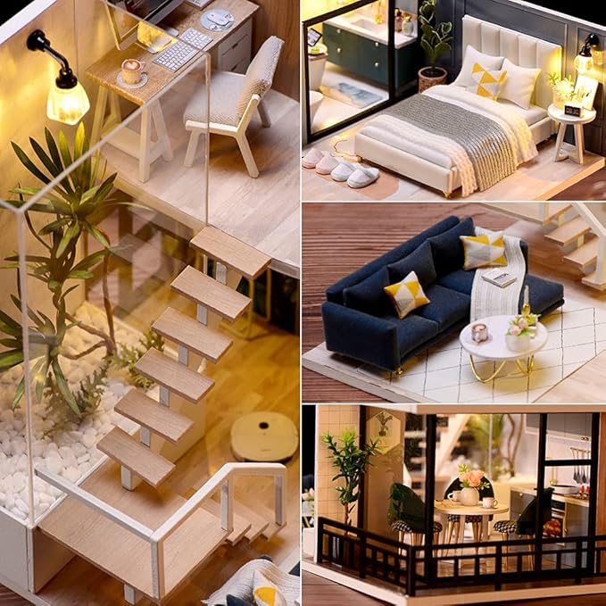 TuKIIE DIY Miniature Dollhouse Kit with Furniture, 1:24 Scale Creative Room Mini Wooden Christmas Doll House Accessories Plus Dust Proof & Music Movement for Kids Teens Adults(Satisfied Time)