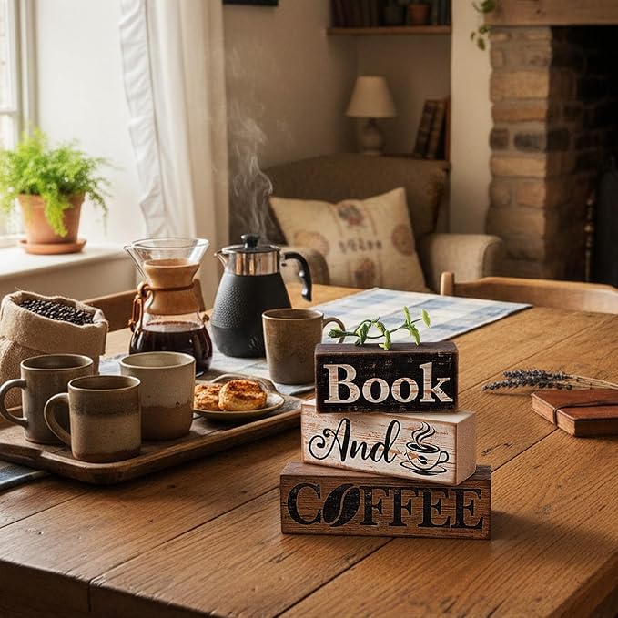 Moucuny 4 Pcs Farmhouse Wooden Tabletop Decor Farmhouse Coffee Tiered Tray Decor Rustic Eucalyptus Leaves Wood Block Sign Gift Sweet Home Centerpiece Home and Café Table Decoration