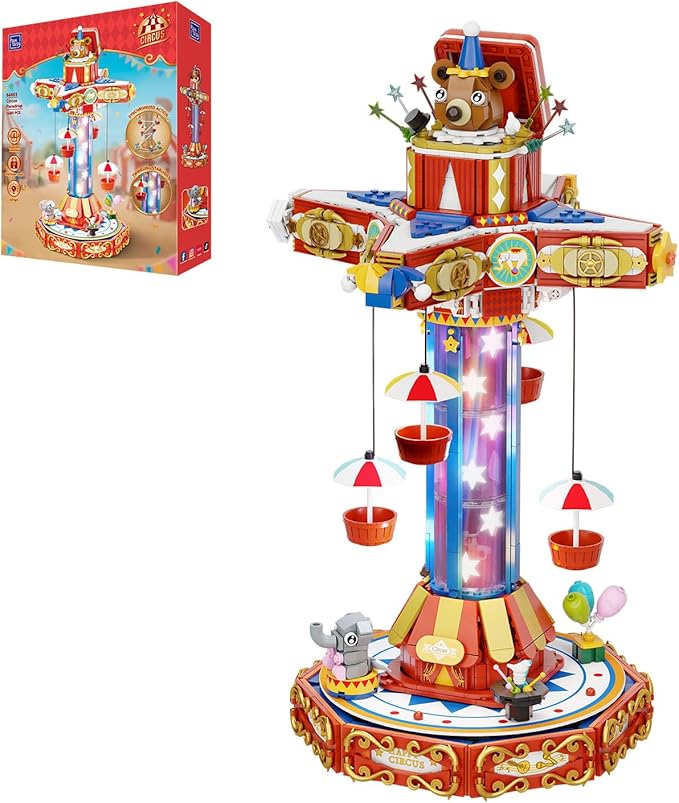 PANTASY Circus Paradrop Building Block Set, Retro Carnival Display Model with LED Lights, Motorized Moving Ride, Colorful Star Columns, Magic Box Teddy Bear, Type-C Powered Interactive Adult Collector