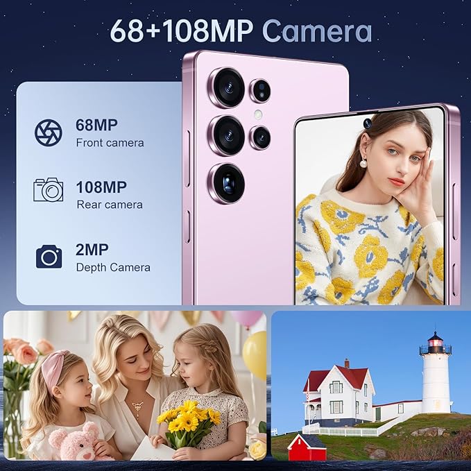 BDWJW I25 Ultra Smartphone 16GB+512GB Android 14 Smartphone, 6.99" FHD+ Display, 7000mAh Battery, 108MP+68MP Dual Camera, Built-in Pen Stylus, Fast Performance Large Memory (Pink)