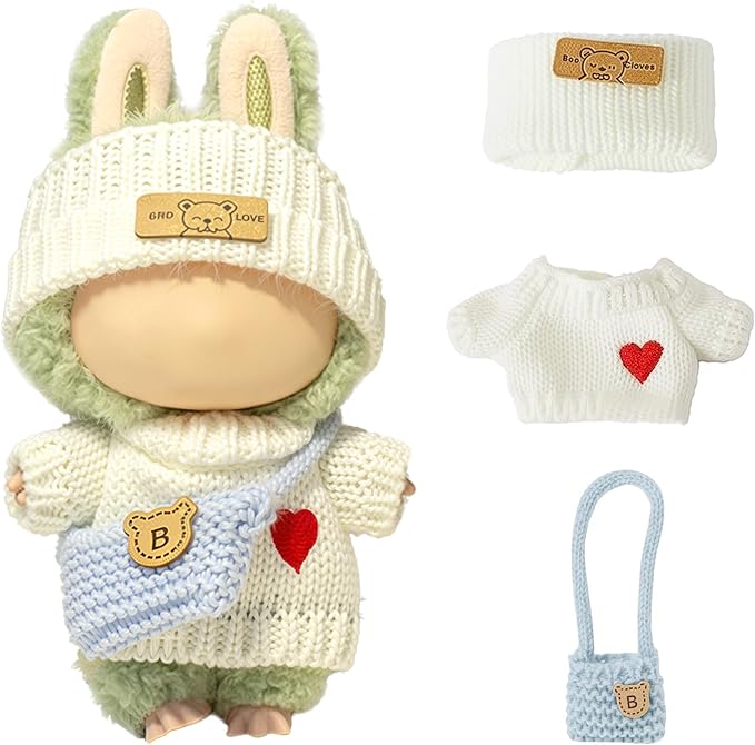 Clothes for LABUBU Doll (NO Doll), Handcrafted Crochet 3-Piece Accessories for LABUBU 17cm Dolls, Premium Outfit - Heart Sweater + Hat + Bag, Cute Clothes for Dress up Unique Style (White)