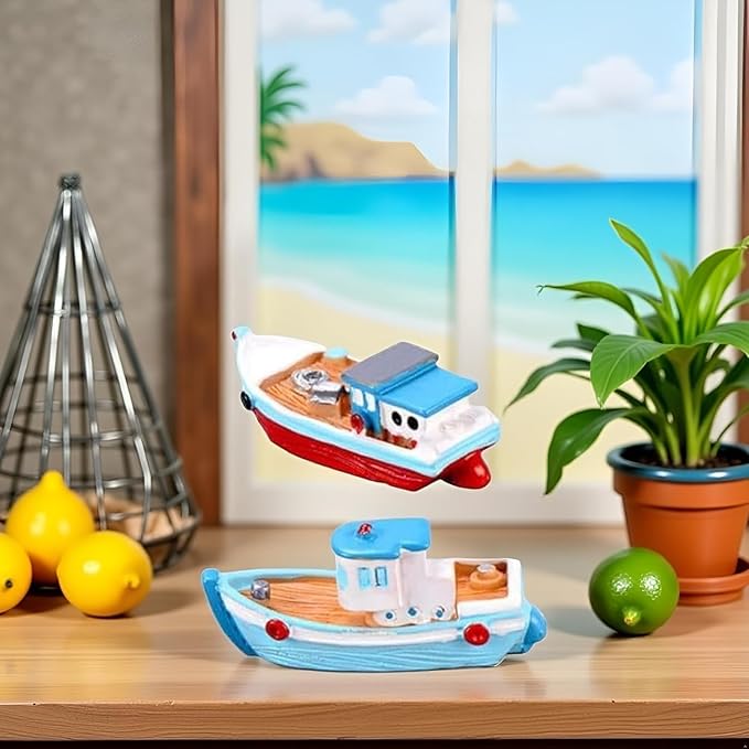 2 Pcs Colorful Miniature Dollhouse Boat Mini Fishing Boat Model Mediterranean Decor Resin Desktop Boat Ornament Ocean Beach Micro Landscape Decoration Dollhouse Accessories