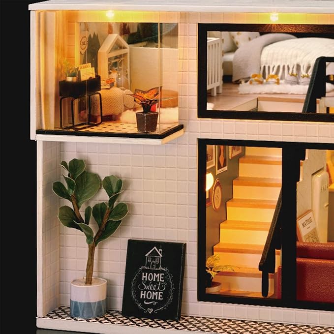 GuDoQi DIY Miniature Dollhouse Kit, Tiny House kit with Furniture and Music, Miniature House Kit 1:24 Scale, Great Crafts Gift for Birthday Christmas Day, Comfortable Life