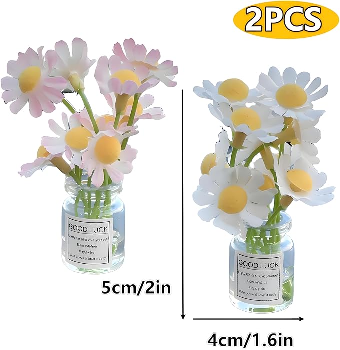 2Pcs Miniature Flower Vases with White & Pink Daisies – Realistic Handmade Dollhouse Accessories for 1:6/1:8 Scale, Fairy Garden Props, DIY Craft Elements, Cupcake Decor,Micro Landscape Embellishments