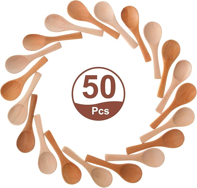 Boao 50 Pcs Small Wooden Spoons, 3.5'' L, Mini Wood Natural Tiny Spoons Wooden Little Teaspoons for Jars Sugar Creamer Honey Spices Salt Kitchen Supplies (Mix Color)