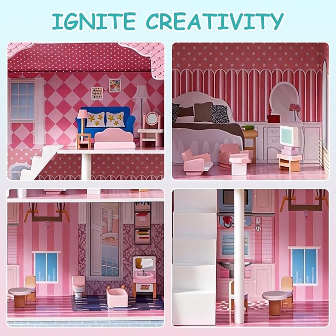 3-Tier Large Wooden Dollhouse with Furniture Set, Modern Kids Playhouse with Roof Window for 5-Inch Dolls, Creative Educational Toy for Girls Boys Ages 3 4 5+ for Imagination & Role-Play Games