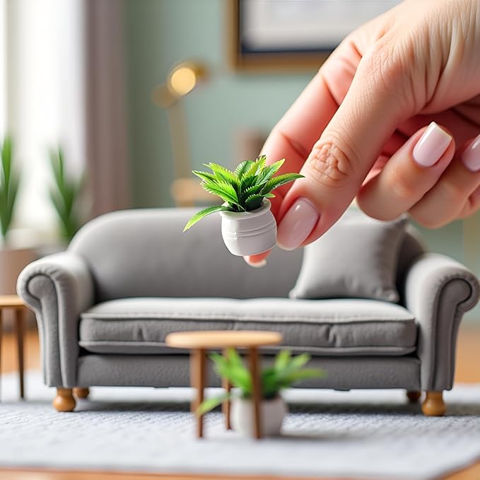 2 Pieces Dollhouse Decoration Plant Pots Miniature Green Potted Bonsai Model Dollhouse Accessories Decor,1:12 Scale Doll House Miniature Plant Model, DIY Decoration Props Accessories