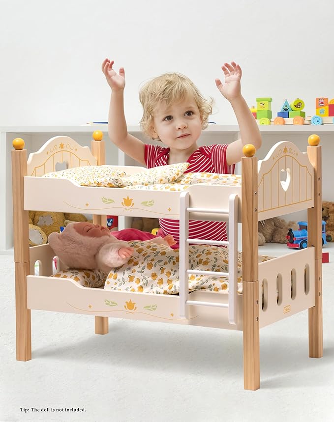 ROBUD Baby Doll Crib, Wooden Baby Doll Beds for 20 Inch Dolls, Baby Doll Bunk Beds with Tulle, American Girl Doll Bed for Gifts, WRP12
