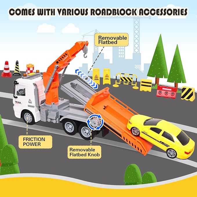 11" Kids Tow Truck Toy, Friction Powered Transport Truck with Racing Car, Traffic Signs, Sound and Lights for Boys & Girls Age 3-7 8 9 10 Year Old