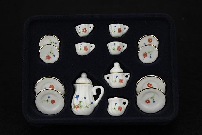 Dollhouse Decoration Accessories, 1:12 Dollhouse Miniature Scene Model 15 PCS Porcelain Teacup and Saucer Set Pretend Play Toy (D, 15 Pcs)