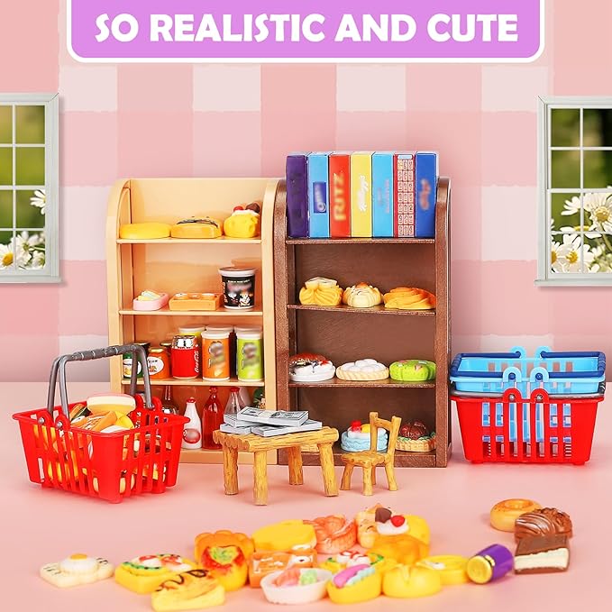 170Pcs Miniature Supermarket Shelves Furniture Model Doll House Store Storage Bookshelf Accessories 4 Layers Shelf Display Rack Mini Locker Decor Food Drink Bottle Toy Cosplay Game Party