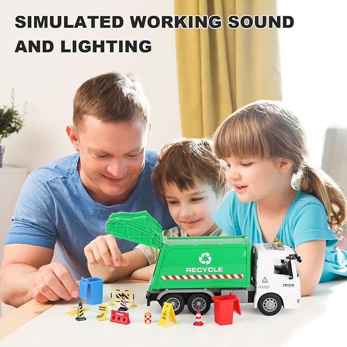 11.8" Mini Garbage Truck Toy, Trash Truck Toy with Dumping Function, Friction Powered, Sound and Lights for Age 3-7 Years Old Boys Girls Birthday Gifts