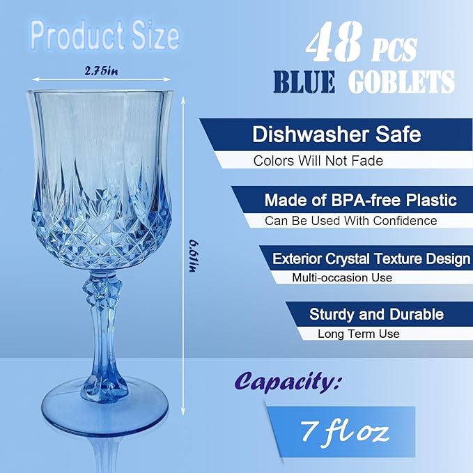 Veiuwa 48 PCS Blue Plastic Wine Glasses,Reusable Plastic Wine Glasses,Blue Goblet Glass,Durable and Sturdy Cups Can Be Used for Various Parties Such as Weddings!