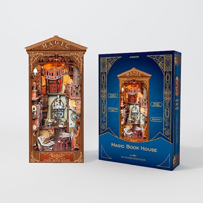 DIY Book Nook Kit 3D Puzzle Wooden Bookends Dollhouse Decorative Bookend Toy for Teenagers Stand Kit Model Kits for Adults to Build 3D Creativity Kit with LED Light