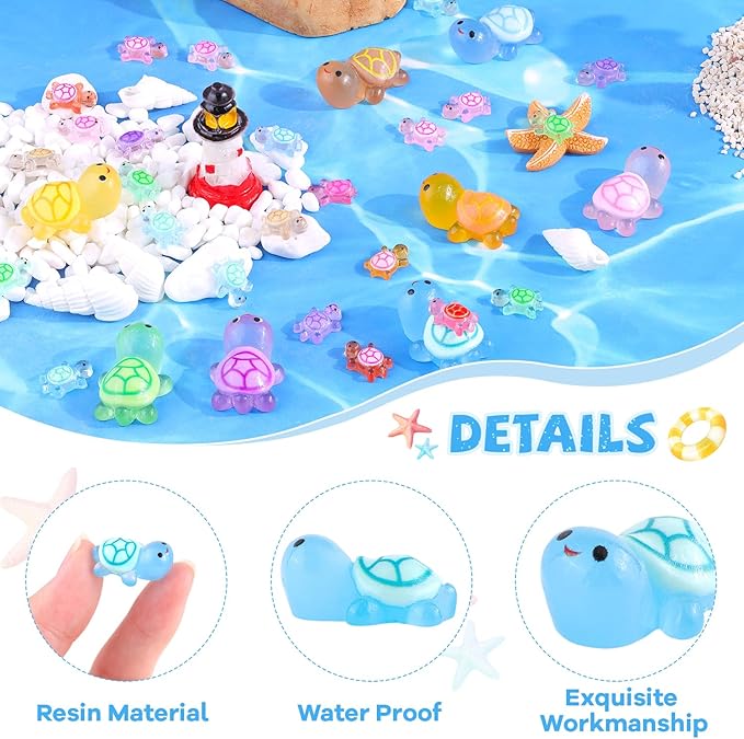 160PCS Mini Resin Animals Colorful Tiny Turtles Glow in Dark, Miniature Figures to Hide, Little Animal Small Figurines for Topper Desk Garden Dollhouse Landscape Aquarium Ornaments Crafts & Decor