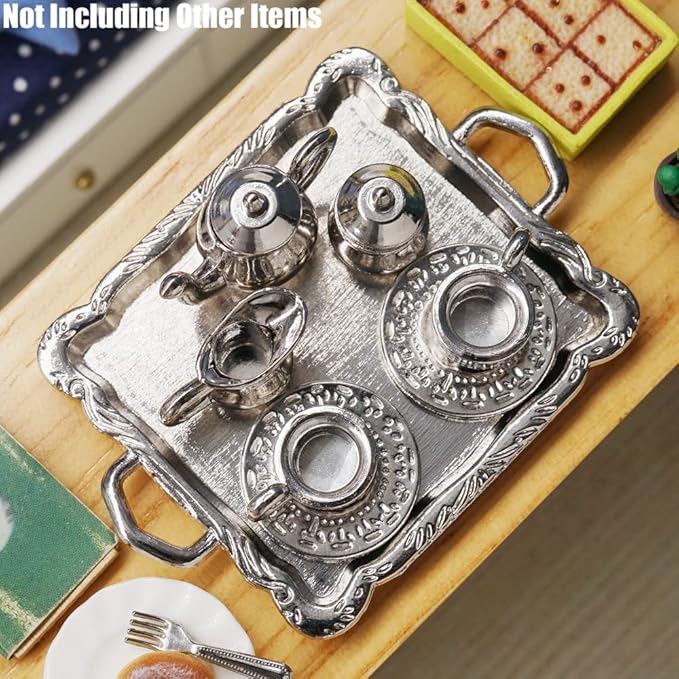 Odoria 1/12 Miniature Tea Set 8Pcs Dollhouse Decoration Accessories, Silver
