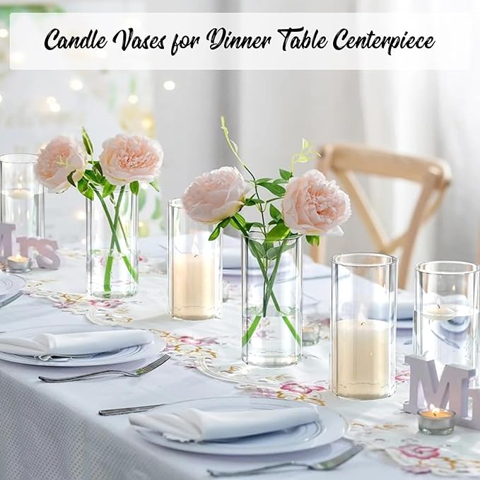 6pcs Glass Cylinder Vases for Centerpieces, 6 Inch Tall Clear Ribbed Vases Bulk for Wedding Glass Floating Candle Holder for Dinner Table, Fireplace, Party, Home Decor