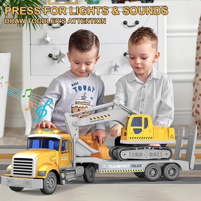Transports Trucks Kids Toys, 22" Large Semi Truck Toy Carrier and Excavator Truck with Sound&Light,Friction Powered Cars Toys Birthday for Childs-Yellow