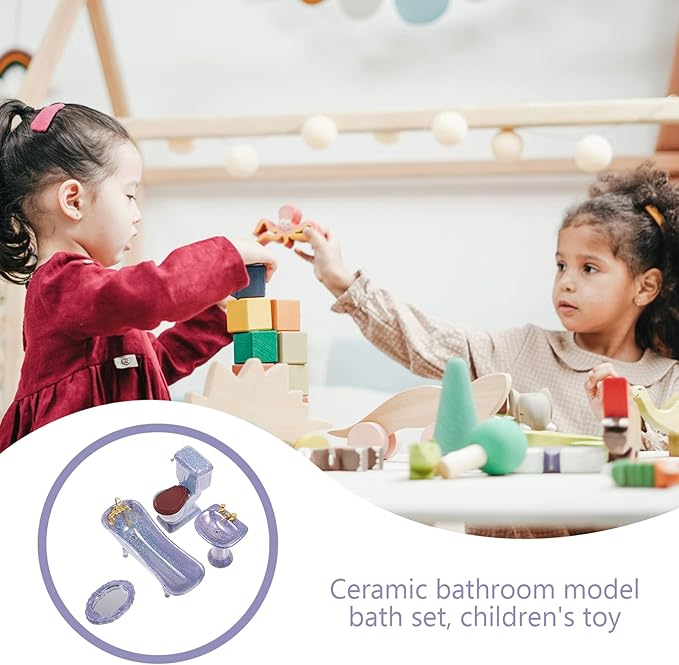 NUOBESTY Miniature Dollhouse Furniture Set Bathroom Accessories Ceramic Bathtub Toilet Sink Mirror for Kids Playhouse Decoration 4.64X2.75X2.04 Inch