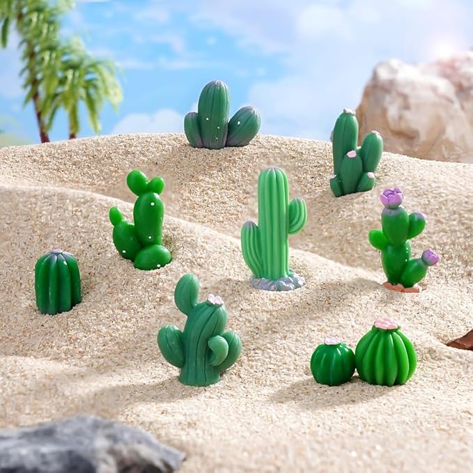 12 Pcs Realistic Mini Cactus Figurines – Resin Cactus Models in Various Shapes, Miniature Green Cacti Ornaments for DIY Dollhouse, Fairy Garden, Bonsai, Micro Landscape, Car & Cake Toppers