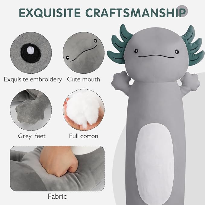 36 inch Cute Giant Grey Axolotl Plush Soft Long Body Pillow, Large Squishy Plushies Axolotl Stuffed Animals Toy, Gifts for Kids Boys Girls Birthday, Halloween, Christmas