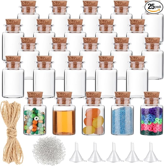 Bokon 25 Pack Mini Plastic Bottles with Corks Stoppers Eye Screws Funnels Small Potion Bottles Tiny Clear Sand Art Jar Wishing Vial for Birthday Party DIY Crafts Gift