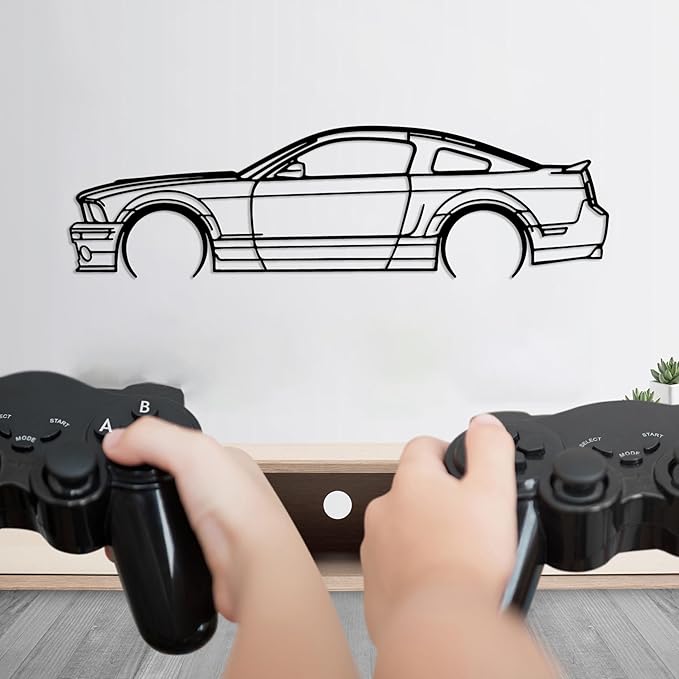 DecoSoul Mustang Metal Car Wall Art, Sports Car, Automotive Silhouette Line Decoration, Minimalist Sculpture for Garage, Indoor Outdoor Wall Hanging, Gift for Boyfriend (Black - 15 x 4.1” inch)