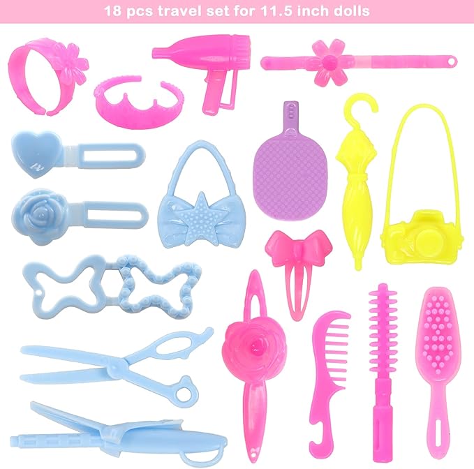 BARWA 43 PCS Doll Accessories Travel Toiletries Clip Bag Crown Necklace Comb Camera Rubber Band for 11.5 inch Doll Xmas Gift…
