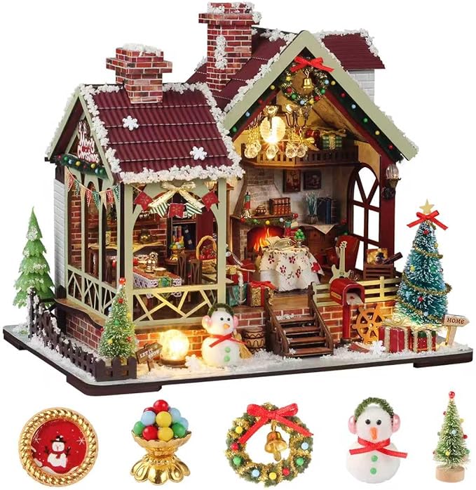 DIY Miniature House Kit, Miniature Kit with Music, Dollhouse Kit for Adults Teen, Mini House Building Kit for Birthday, Christmas Warm Lodge